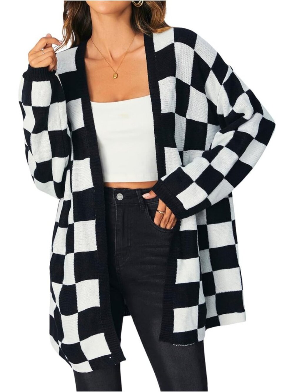 Cozy Oversized Checkered Cardigan Sweater for Women | Long Sleeve Outerwear